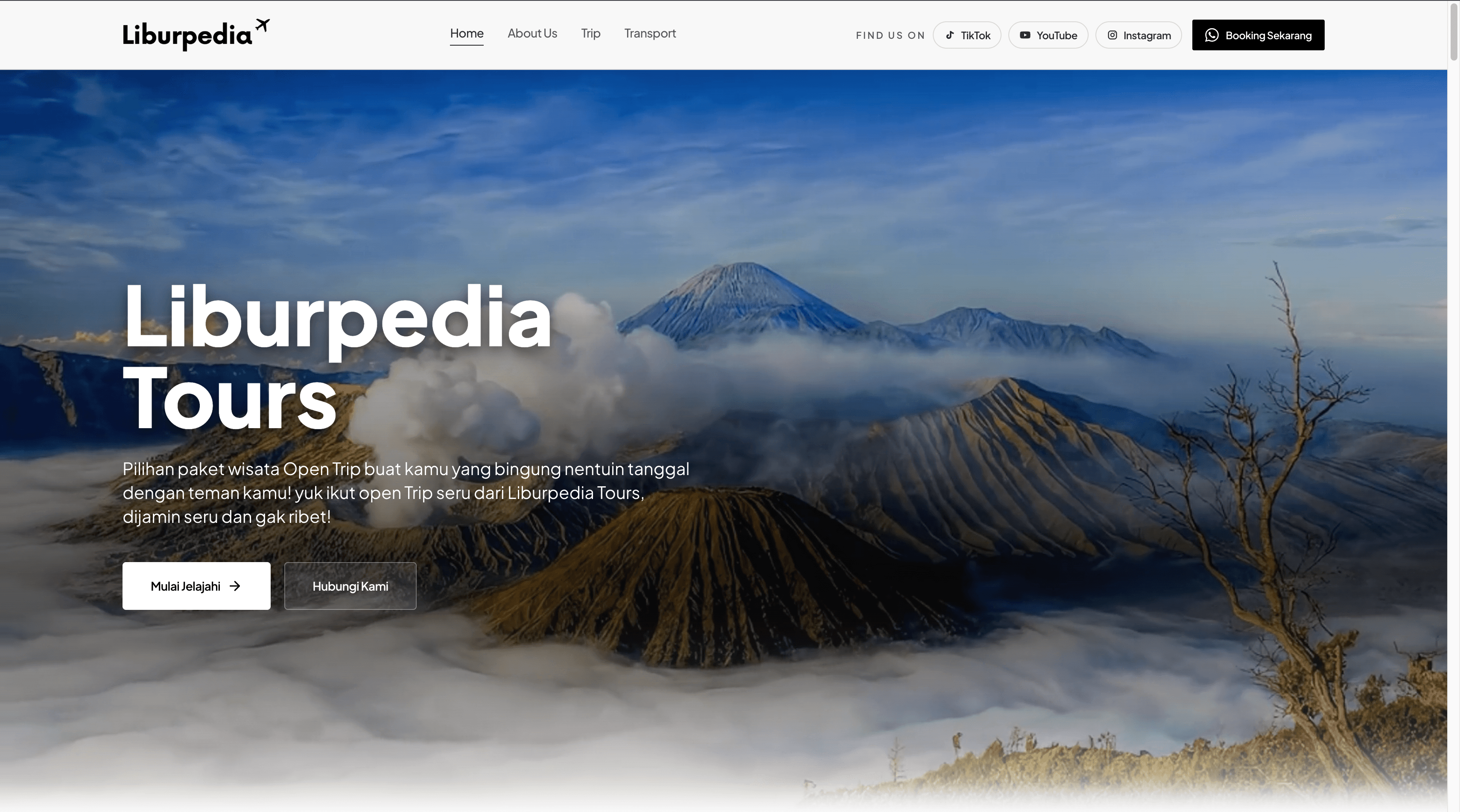 Liburpedia Tours landing page with mountain hero image and booking navigation.