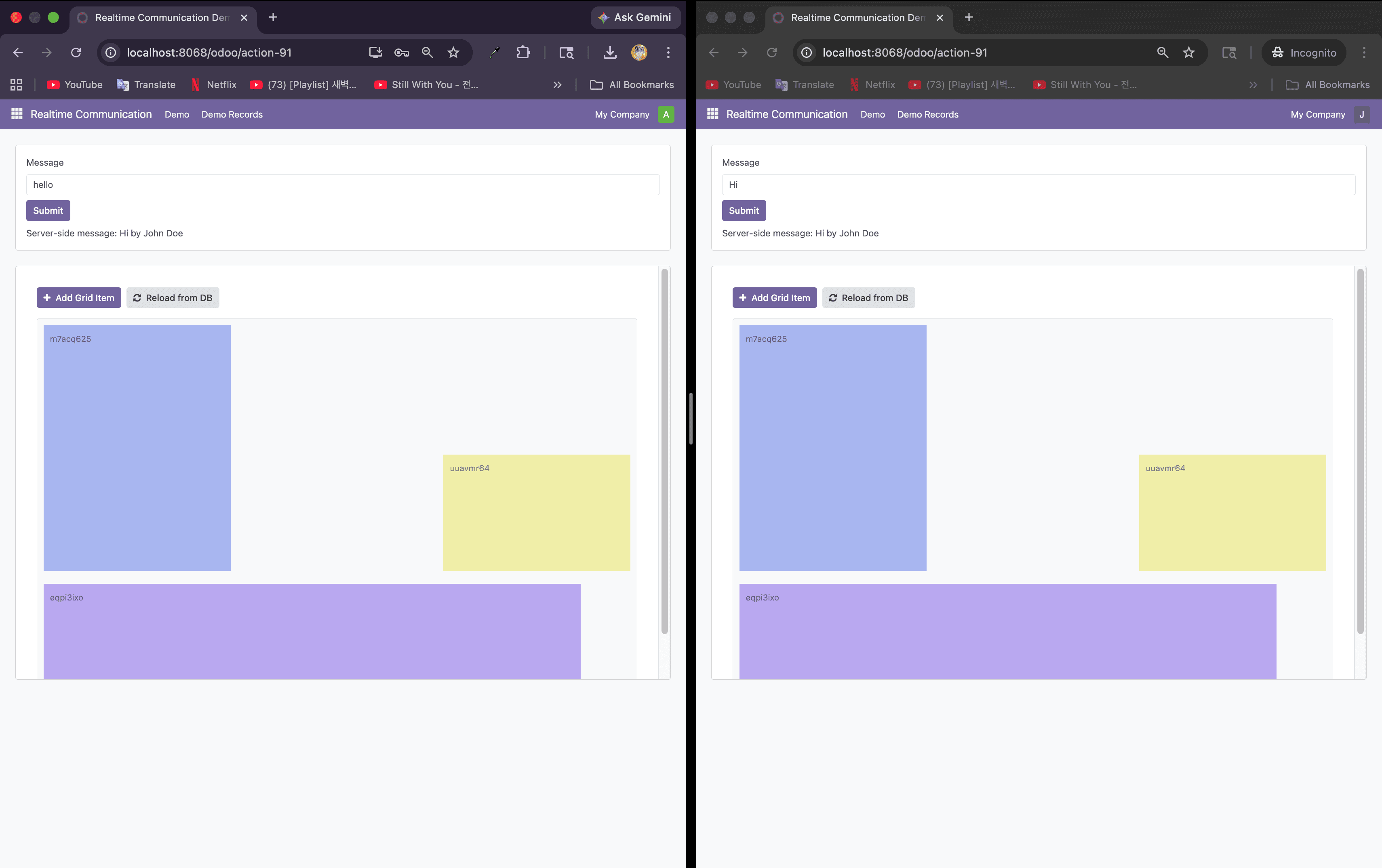 Odoo realtime communication demo shown in two browser sessions with synchronized grid data.