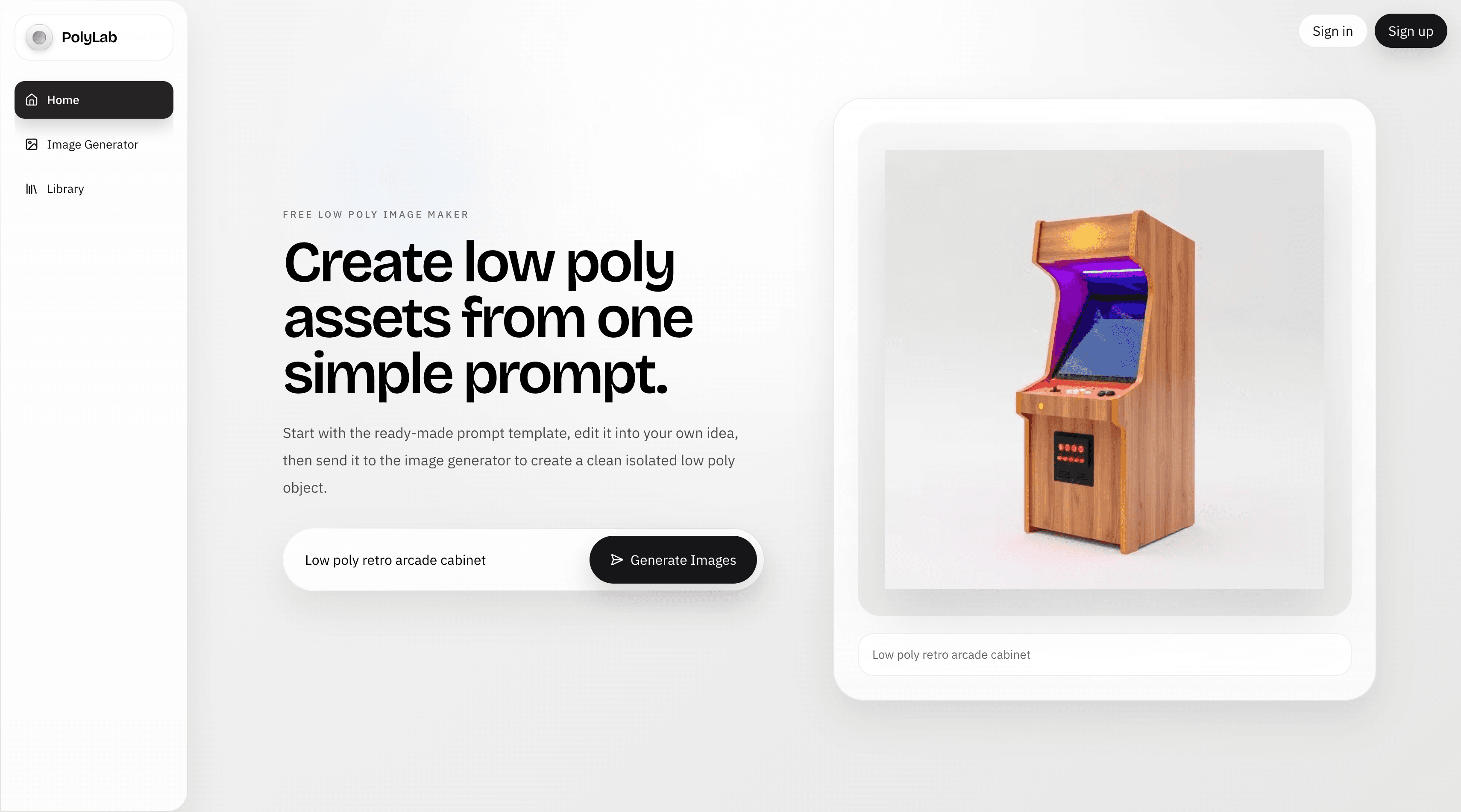 PolyLab web app interface for generating low-poly image assets from prompts.